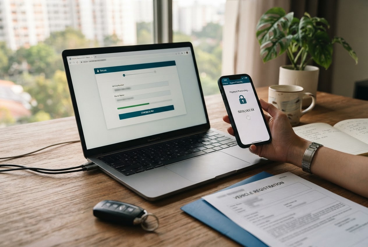 Secure online COE renewal application with laptop smartphone and car key